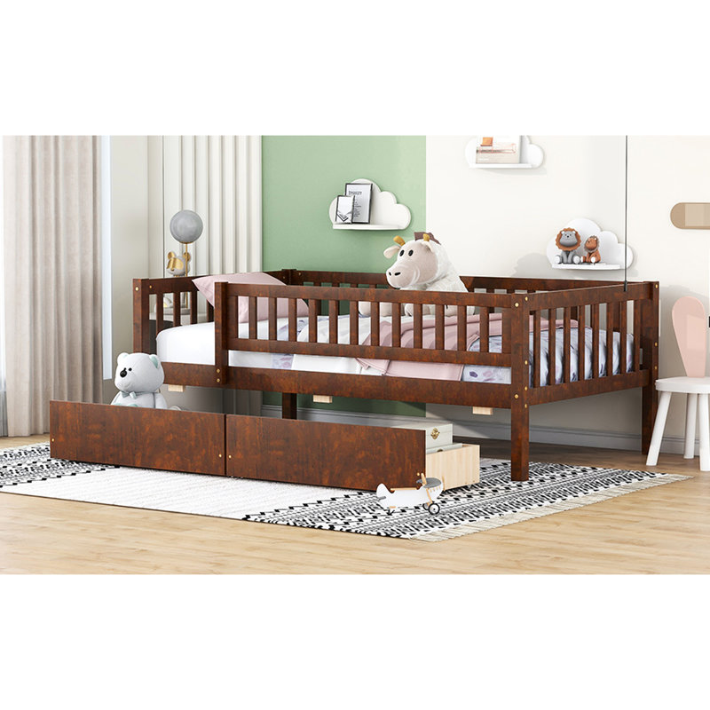 Twin Daybed With Two Drawers, Walnut Color - Solid Wood Frame For Extra Support Size Bed Drawers In , Space, Multi-Functional