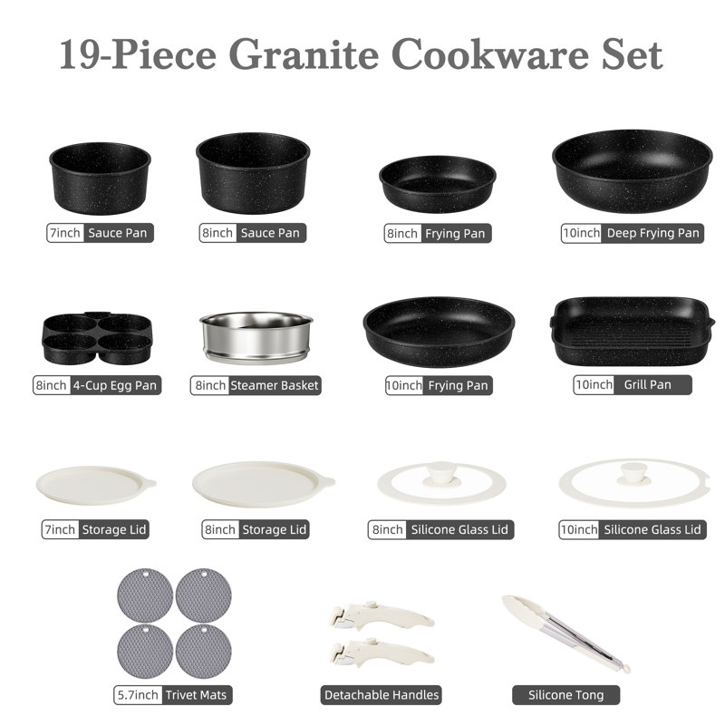 Caannasweis 19 Pieces Nonstick Pots and Pans Detachable Handle Cookware Sets, Black