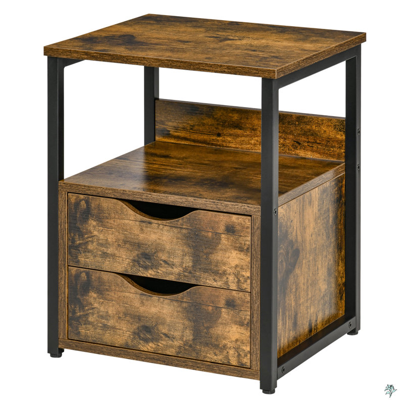 Industrial Side Table With 2 Drawers, Storage Shelf, Accent Sofa Table With Groove Handle And Frame