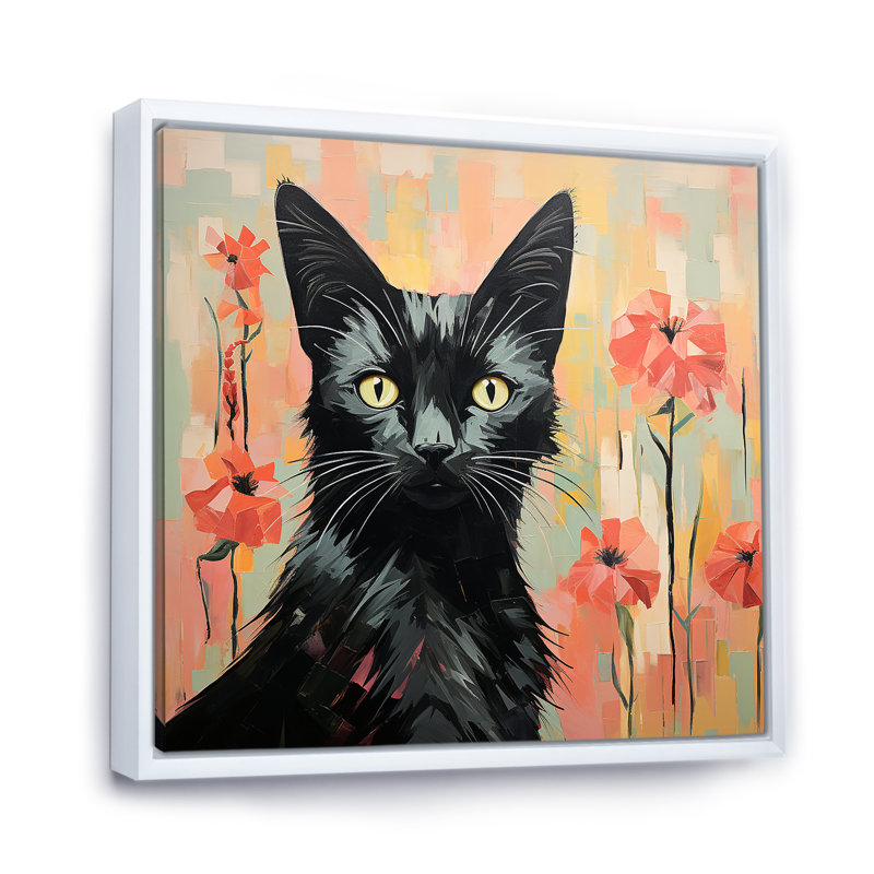 Chat noir dans les fleurs - art mural chat, Cadre flottant blanc, H 36 po x l 36 po x P 1,5 po