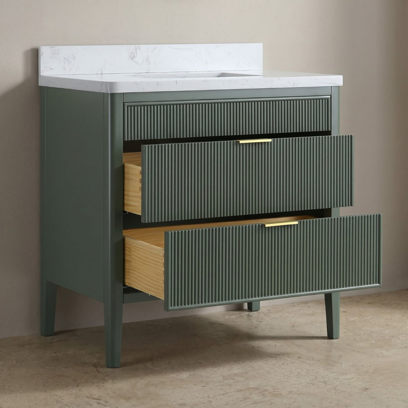 36'' Freestanding Single Sink Bathroom Vanity with 1.4'' Thick Engineered Stone Top and Solid Wood Frame, Sage Green