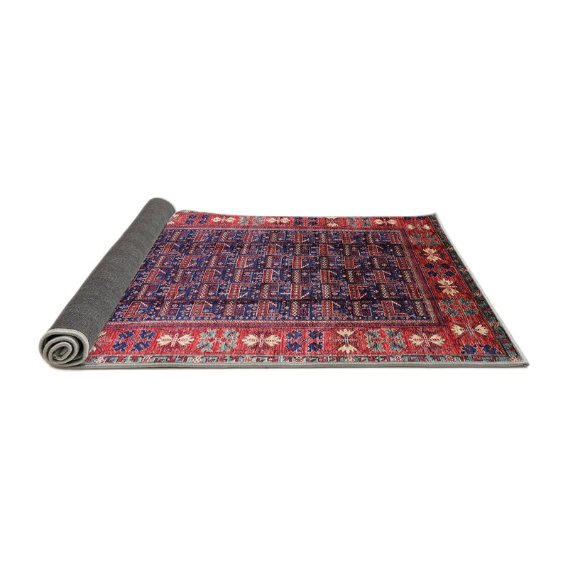 Tapis géométrique rouge / bleu / beige, Rond 3 pi