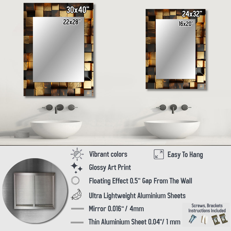 Cubes abstraits noirs et dorés I - miroir mural décoratif géométrique, grand miroir doré, impression sur métal, 32 po x 24 po