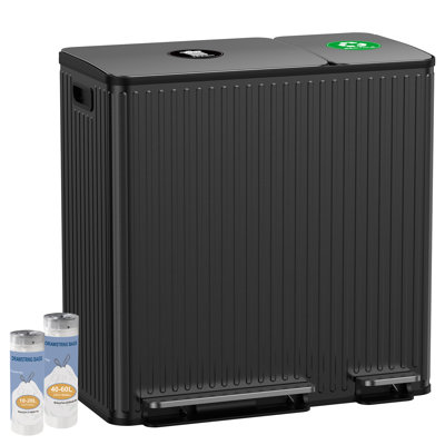 Dual Trash and Recycling Bins for Kitchen, 13+6 Gal Dual Trash Can for Large Families, Premium Stainless Steel With Fluted Finish, Black