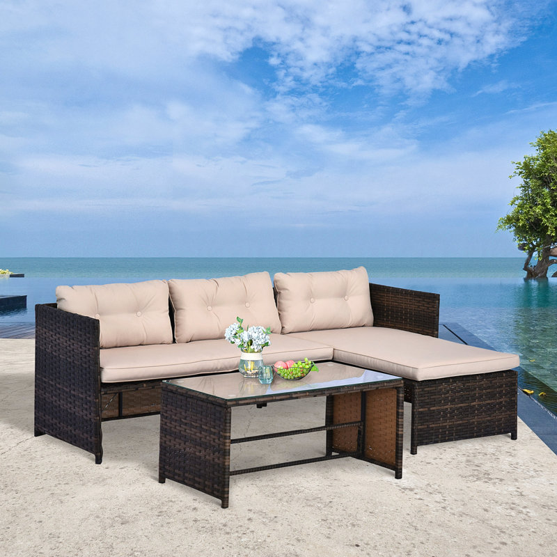 Ensemble de meubles de patio 3 pièces en verre trempé d'extérieur beige avec méridienne et causeuse coussins moelleux en L