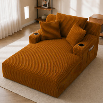 Chaise longue surdimensionnée en velours côtelé 66,1 po, canapé-lit rembourré à siège profond avec porte-gobelets, poches de rangement latérales et 3 coussins, aucun assemblage requis