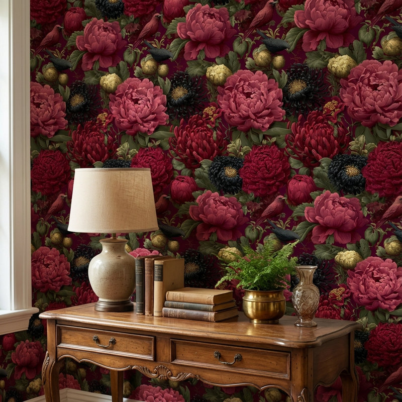 Papier peint floral rétro avec oiseaux
