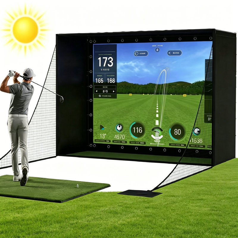Ensemble complet d'enceinte de simulateur de golf, écran d'impact 11 x 8 pi 4K avec cage occultante, poteaux de cadre, filets latéraux et sacs de sable pour la pratique à l'intérieur ou au garage, installation facile, garde-corps 9 pi