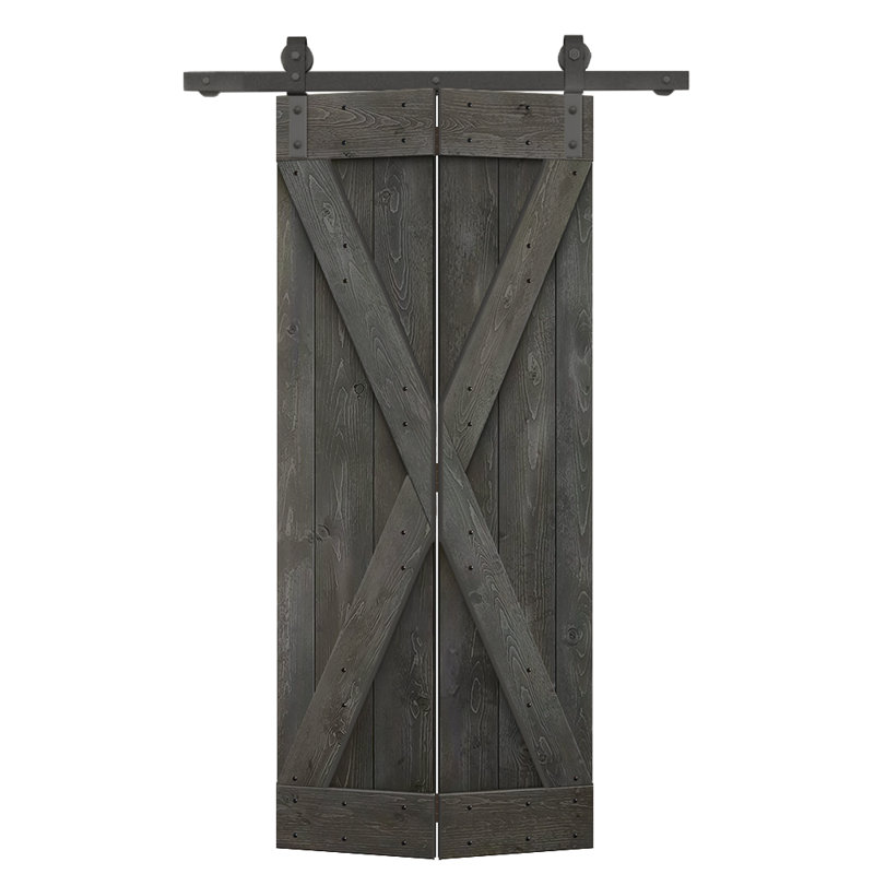 Porte de grange pliante pré-assemblée en bois avec quincaillerie coulissante, Gris carbone, 24" x 84"