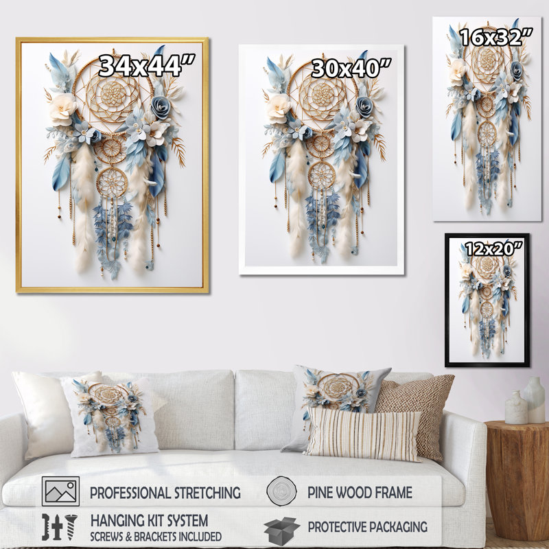 Attrape-rêves blanc et bleu Tranquility sur toile, Cadre simple noir, H 44 po x l 34 po x P 1,5 po