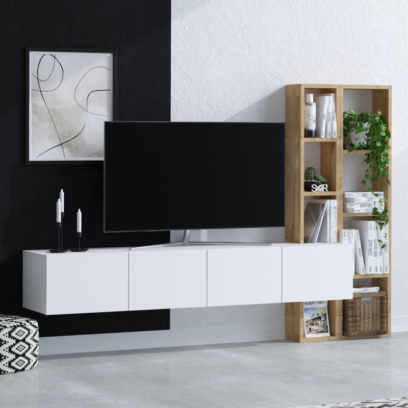 Meuble télé élégant avec de nombreuses tablettes, finition blanche et chêne, 71,7 x 9,8 x 12,6 pouces | 100% panneau de particules enduit de mélamine, épaisseur: 0,7 pouce | Design scandinave moderne, parfait pour les salons et les espaces de diver