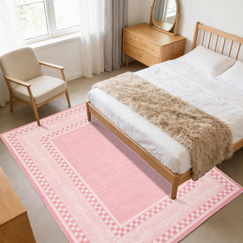 8x10 Checkered Area Rug, Washable Non Slip Low Pile Rug for Bedroom Living Room, Pink, Rectangle 8' x 10', Pink