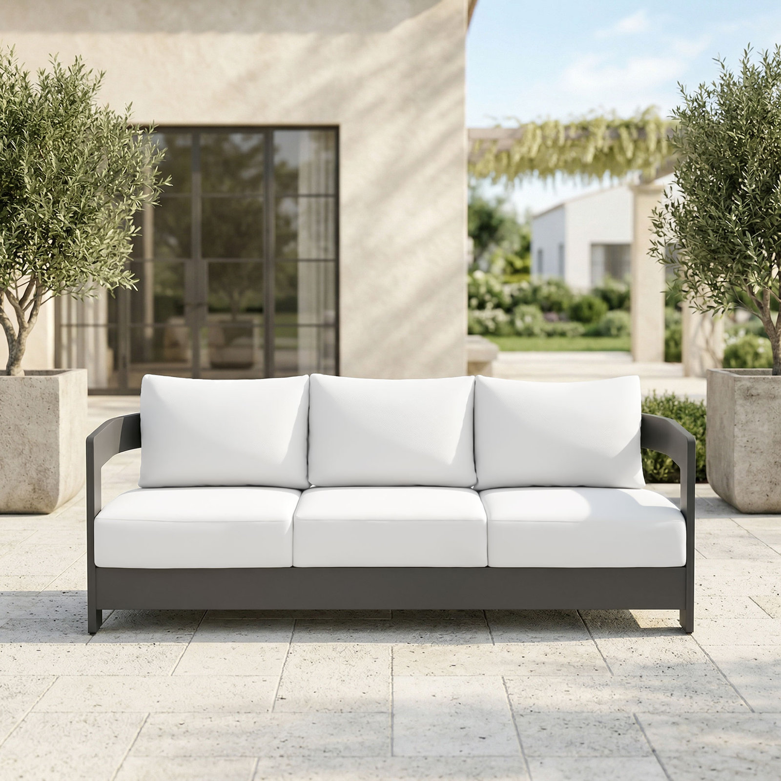 Frances Aluminum 76" Patio Sofa with Sunbrella Cushions, White Cushion/Black Frame