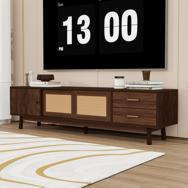 Elegant Rattan TV Stand with Sliding Doors, Solid Wood Legs and Spacious Storage for TVs up to 80"