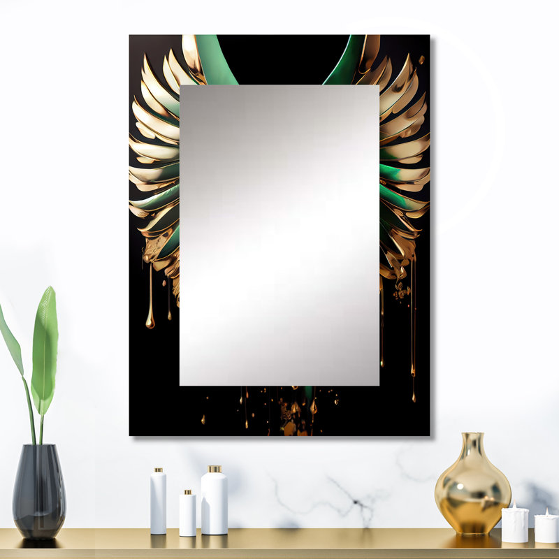 Green And Gold Angel Wings II - Wings Angel Mirror, Gold Unique Wall Mirror, Printed Metal Art, 32" x 24"
