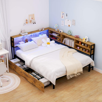 Full Corner Daybed With Storage Bookcase, Drawers, LED Lights & Charging Station For Kids Bedroom