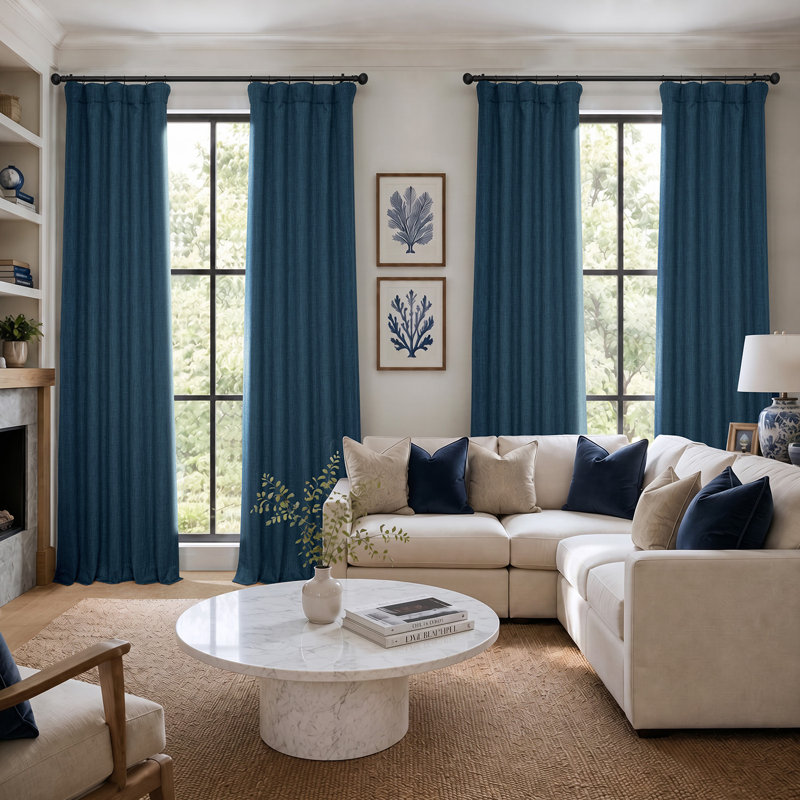 Ottis Faux Linen Room Darkening Curtain Panel, Indigo, 50" W x 108" L