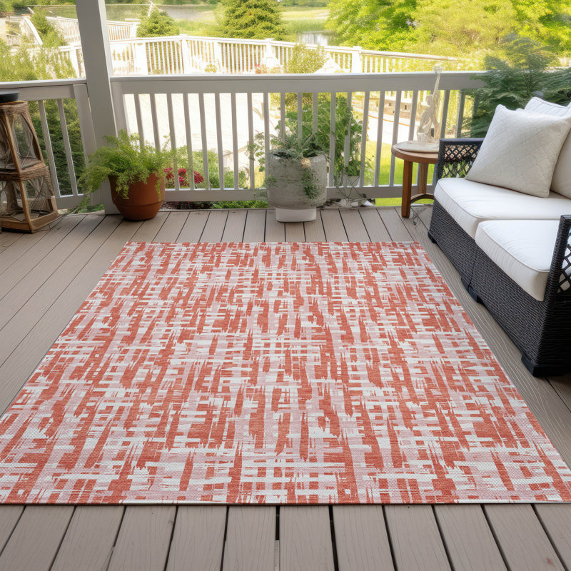 Coral and White Synthetic Washable Rectangular Rug