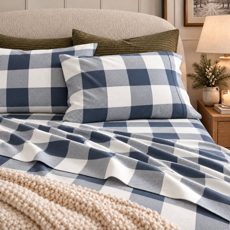 Ensemble de draps 100% flanelle de coton, Grand avec deux taies d'oreiller, Buffalo Check - Navy