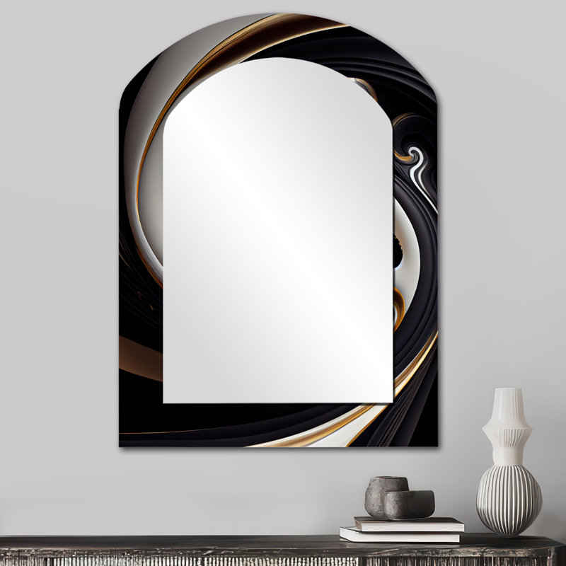 Or et noir vitrail en spirale VI - miroir décoratif asymétrique spirales abstraites, grand miroir mural arqué moderne, art imprimé en métal