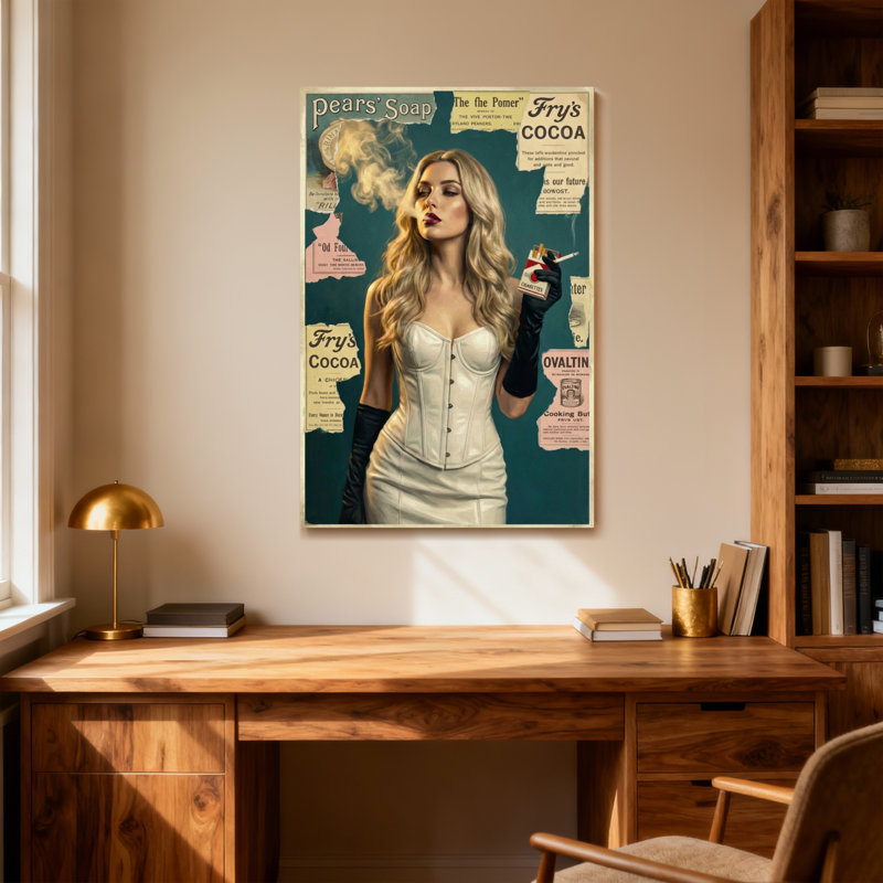 «Fashion», publicité rétro, collage, femme qui fume, H 12 po x l 18 po