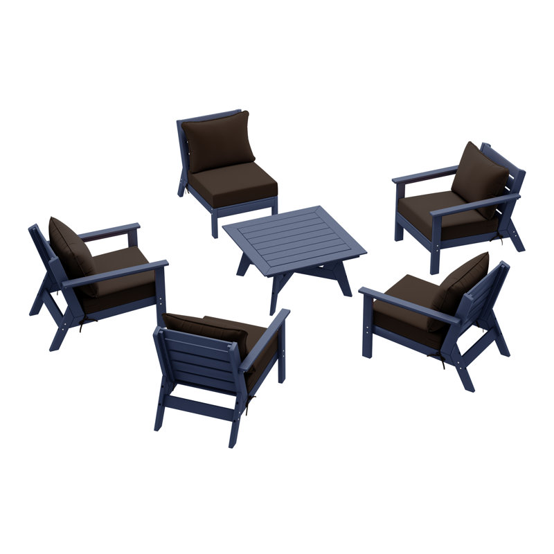 6-Piece Deep Seating Set, Navy Blue, Brown
