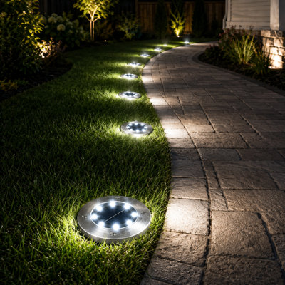 Low Voltage Solar Ground Lights 8 LED Garden Waterproof Disc Light Outdoor Pathway Metal Well Light