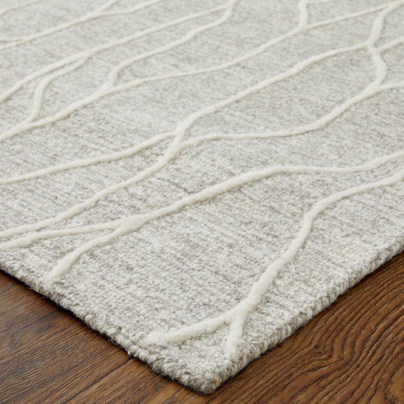 Tapis beige / blanc en laine / coton touffeté à la main Cunningham, Rectangle 3 pi 6 po x 5 pi 6 po