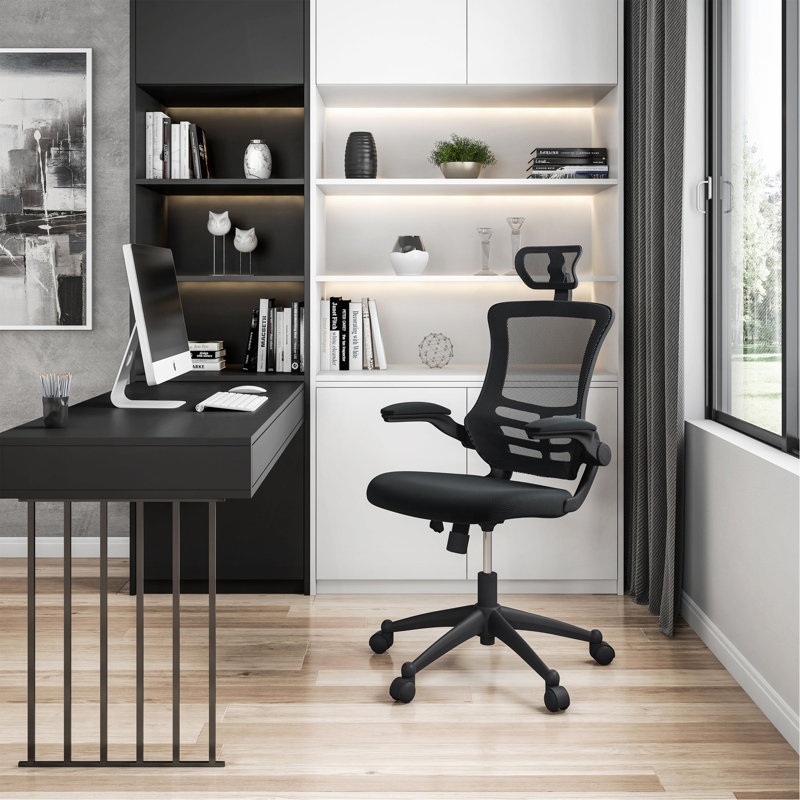 Fauteuil de direction moderne haut dossier en filet avec appui-tête et accoudoirs rabattables Techni Mobile, Noir
