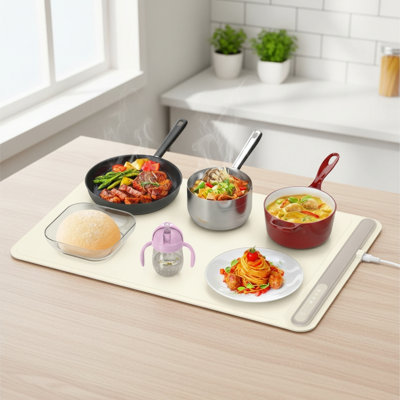 24"X16" Electric Warming Tray With Rollable Silicone Surface, 3 Heat Settings, Auto Shut Off, Portable For Meals And Gatherings Beige