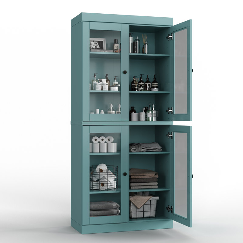 32" 100% Solid Wood Freestanding Bathroom Cabinet with Clear Glass Doors & Adjustable Shelves – Modern Bathroom Storage, Aqua