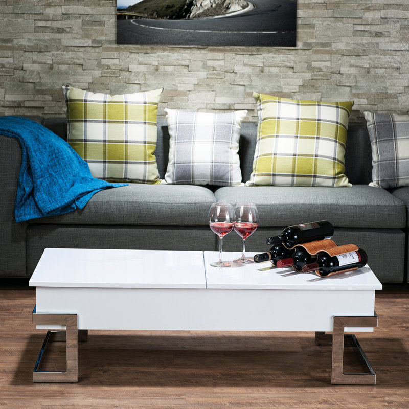 Table basse blanche ultrabrillante avec plateau relevable élégant