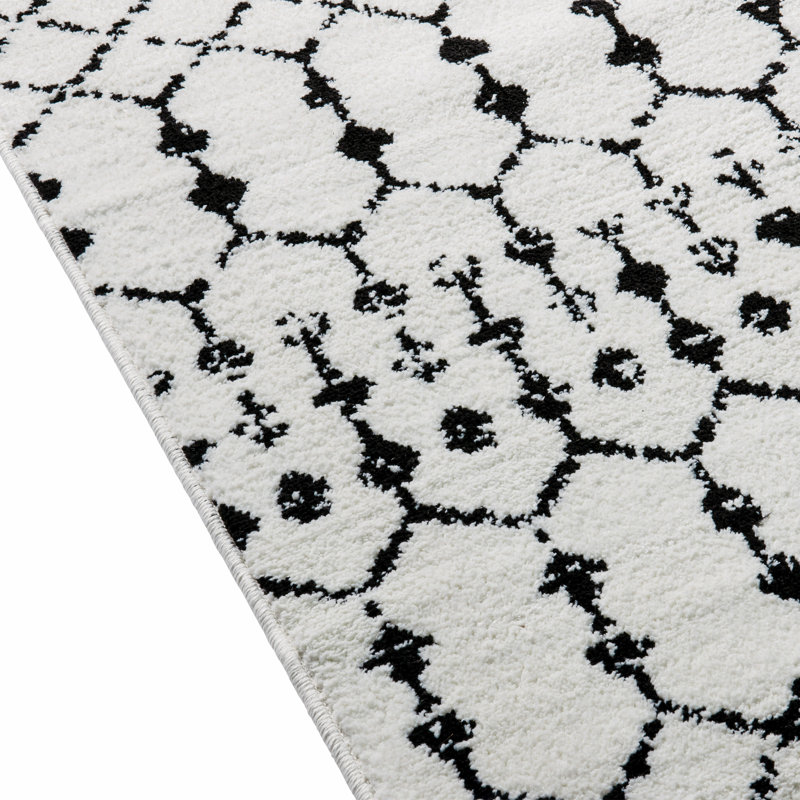 Tapis géométrique en polyester ivoire / noir, Rectangle 8 pi x 10 pi