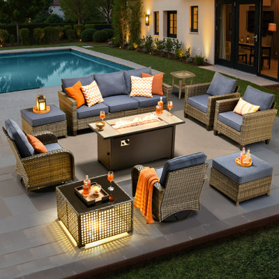 Allcot 7 - Person Wicker Outdoor Conversation Set, Patio Swivel Chair Set with Lighted Coffee Table and Cushions