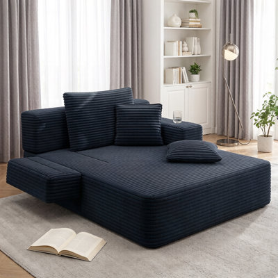 60.2" Oversized Corduroy Convertible Sofa Bed, 2‑in‑1 Chaise Lounge with Spring Cushion, Wide Armrests & Side Storage Pocket, No Assembly,Blue