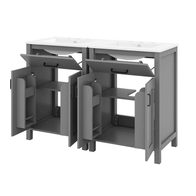 Modern 48" Bathroom Vanity With Ceramic Sink Combo, Lavatory Storage Cabinet With Flip Drawer & Double-Layer Door Shelves