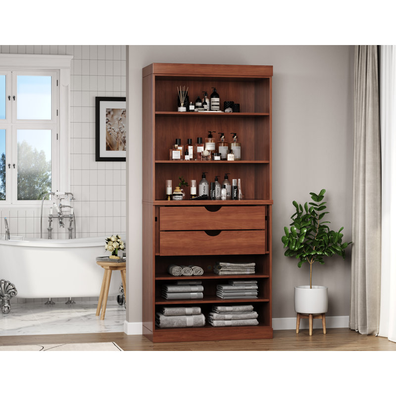 Armoire de salle de bain autoportante 100% bois massif 32 po avec 2 tiroirs et tablettes réglables - Rangement de salle de bain moderne