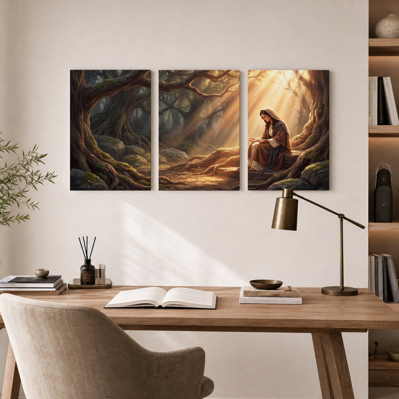 Femme en prière dans une forêt ensoleillée, racines, ensemble de 3 toiles murales, 36"H x 24"W x 3pcs