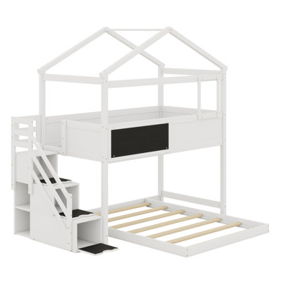 Lit superposé en bois pour enfants avec tableau noir, toit, fenêtre et escalier de rangement