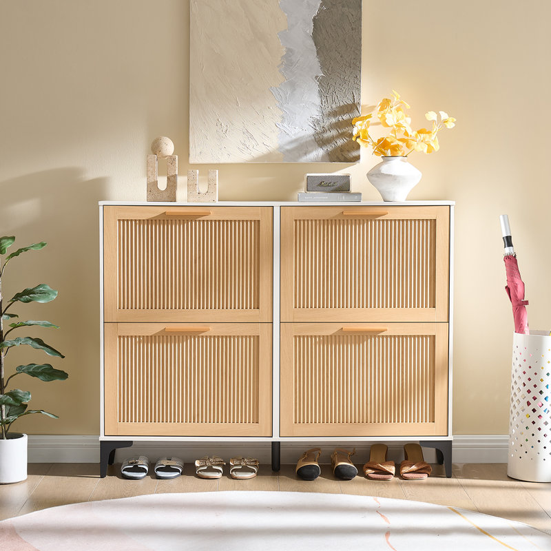 Fluted 4 Flip Drawers Shoe Storage Cabinet, White and Natural Oak, 1 Pcs, White/Natural Oak
