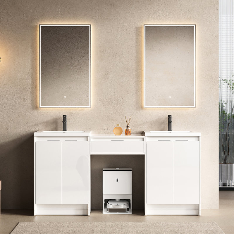 Meuble-lavabo autoportant de 72 po avec lavabo en résine, armoire à 1 côté, système et structure de tiroir à fermeture en douceur, contreplaqué blanc brillant pour un évier simple à usage durable