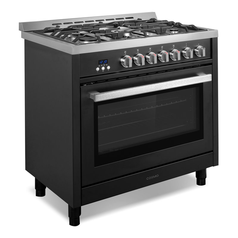 Cosmo 36 In. Nebula Collection 3.8 Cu. Ft. Gas Range, 5 Burners, Rapid Convection Oven, Cast Iron Grates In Matte Black
