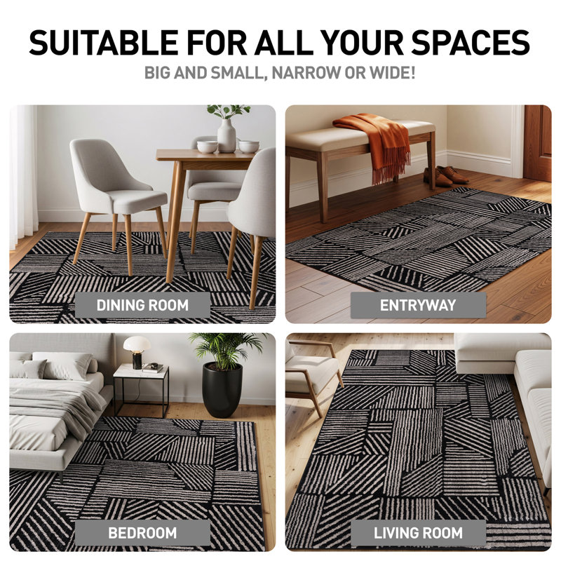 Rambo Geometric Black/Ivory Area Rug, Rectangle 7'10" x 10', Black