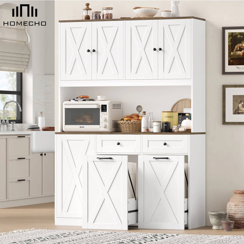 Large Capacity Push-Pull Trash Can Cabinet With Microwave Shelf,Free Standing Kitchen Storage Cabinet, White