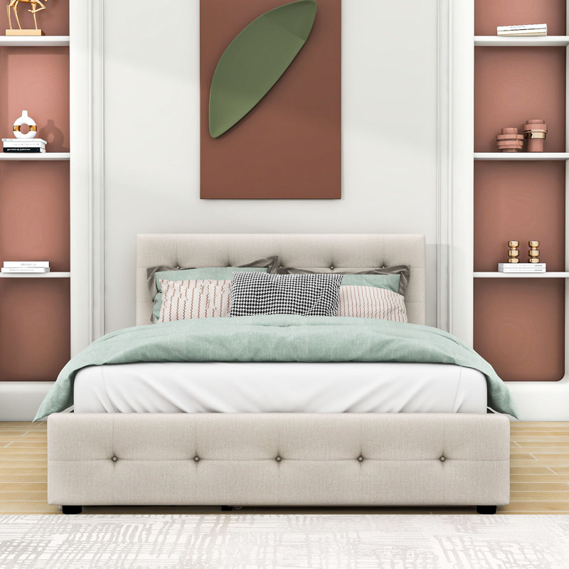 Markeon Queen Size 2 Drawers Upholstered Platform Bed with Twin XL Size Trundle, Dark Beige