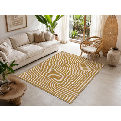 Labyrinth Mustard Geometric Washable Indoor/Outdoor Area Rug
