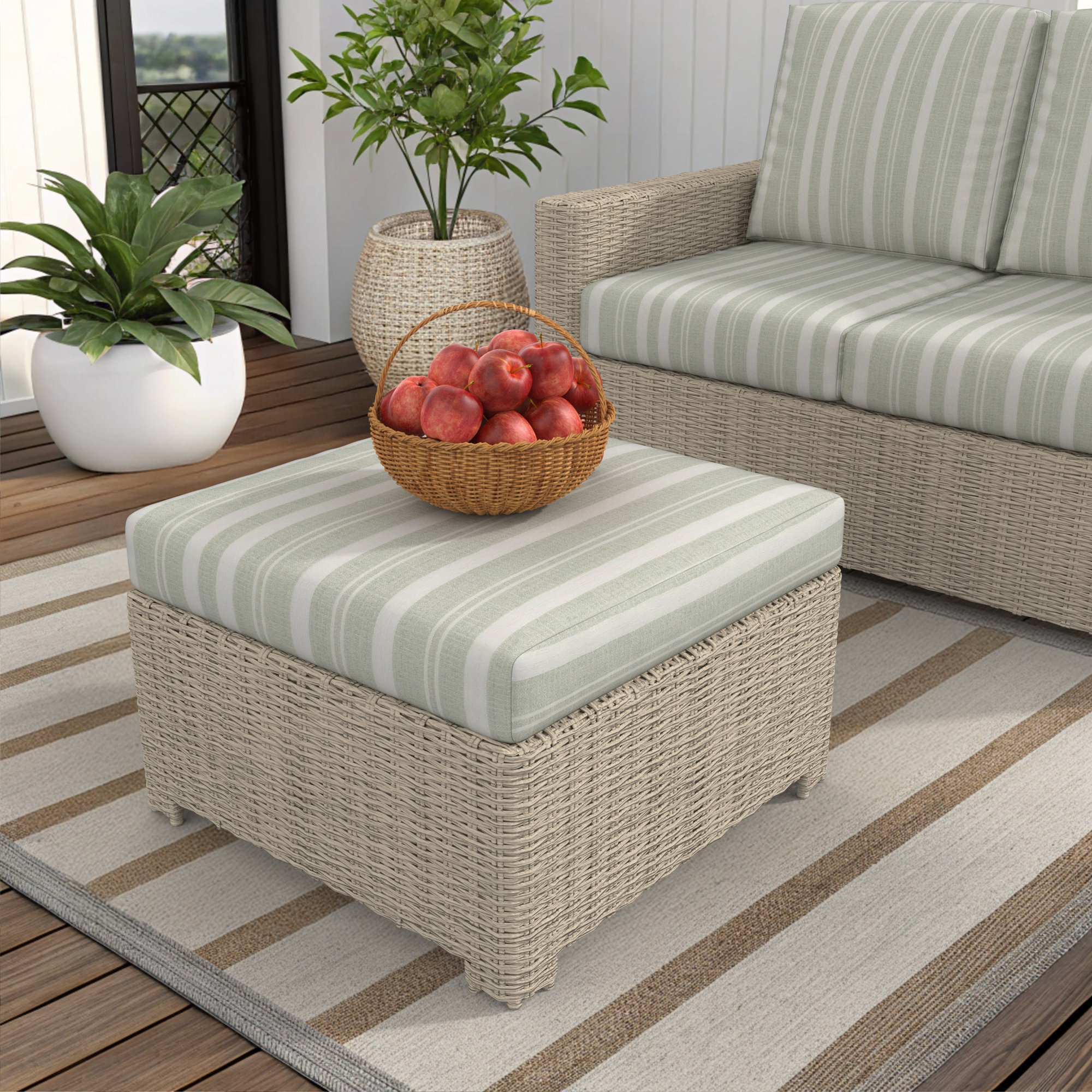 Outdoor Ottoman With Sunbrella Cushions, Tranquil Sage