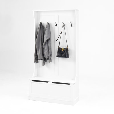 Entryway Bench With Standing Coat Rack, Hall Tree With Shoe Storage Bench, Entryway Organizer With 5 Hooks, White