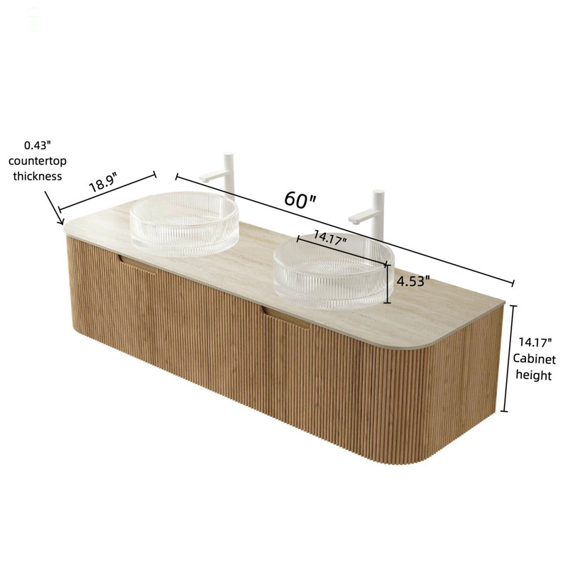 60" Bathroom Vanity&Sink, Floating Curved Edge Stripe Storage Cabinet with 2 Drawers,2 Transparent Round Glass Basins&Travertine-Pattern Sintered Stone Top, Pre-assembled