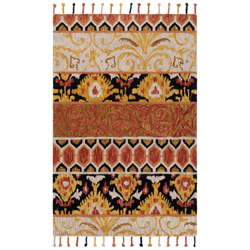 Niederanven Hand Hooked Wool Ikat Rug, Rectangle 5' x 8'